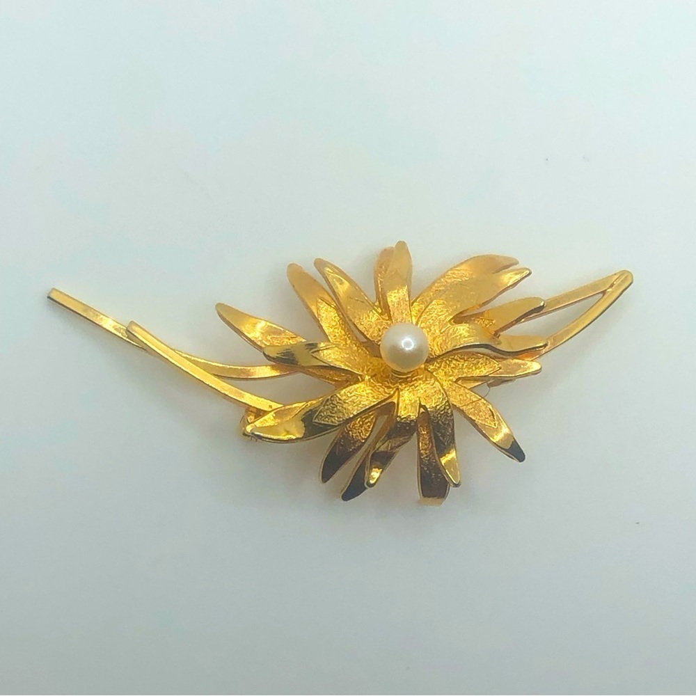 Vtg Bond & Boyd Sterling Gold Plated Pearl Floral Flower Brooch 2.3”
